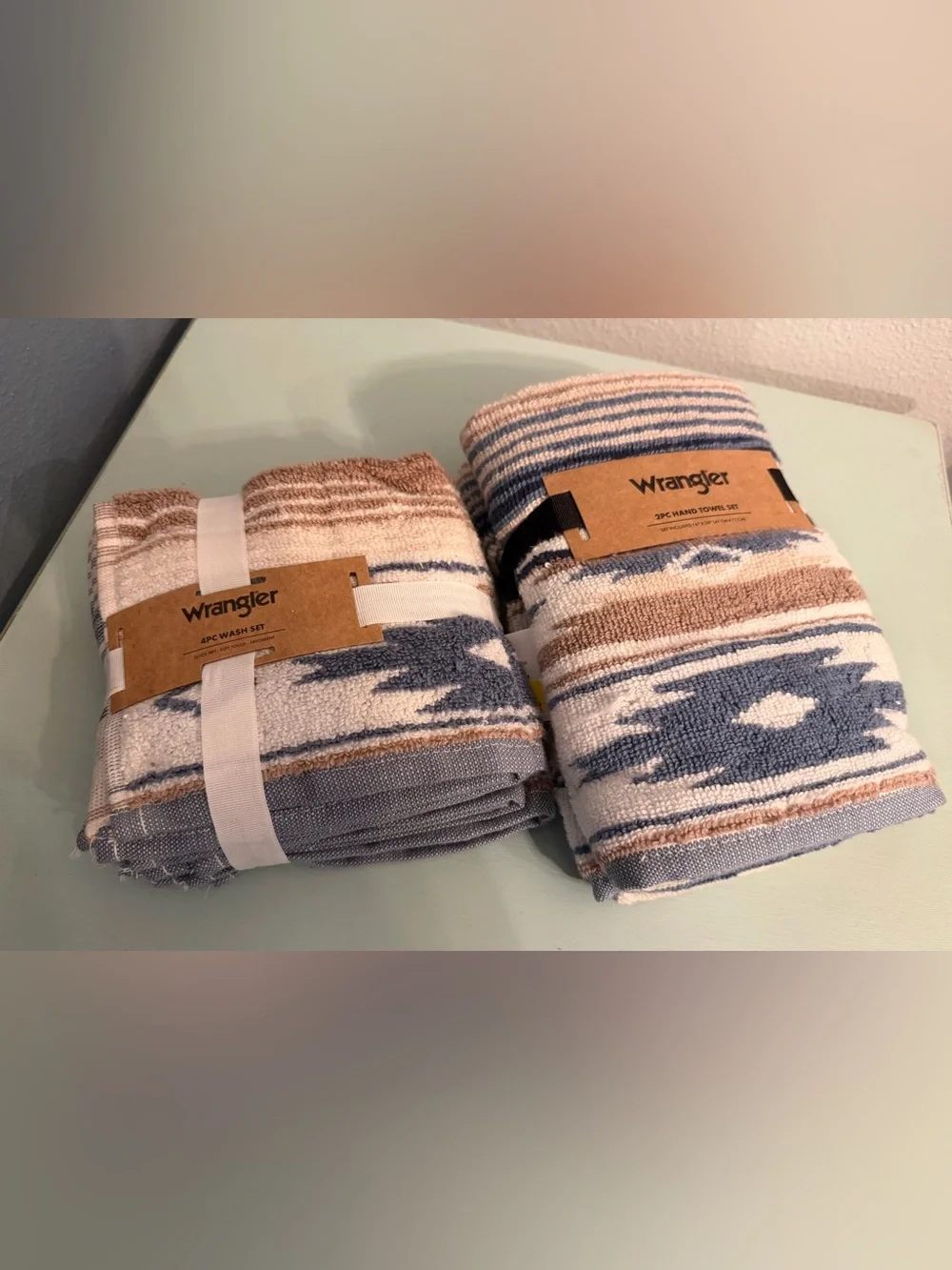 Wrangler Blue, Tan & White Southwestern Pattern Hand Towels & Wash Towels